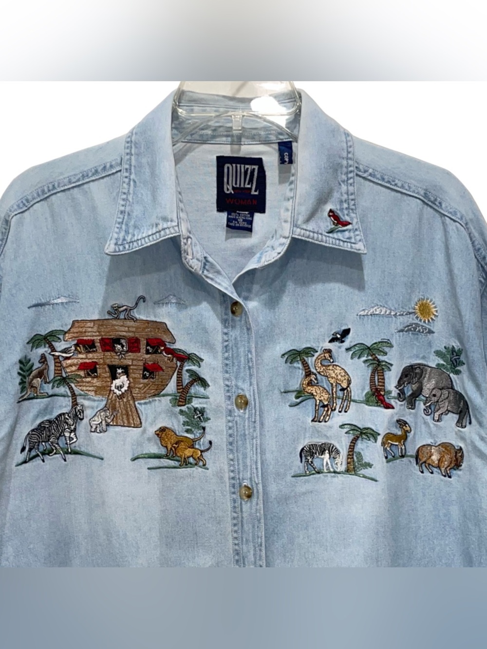 VTG Noah’s Ark Quizz Denim Long Sleeve Button Embroidered Biblical Plus Size 18